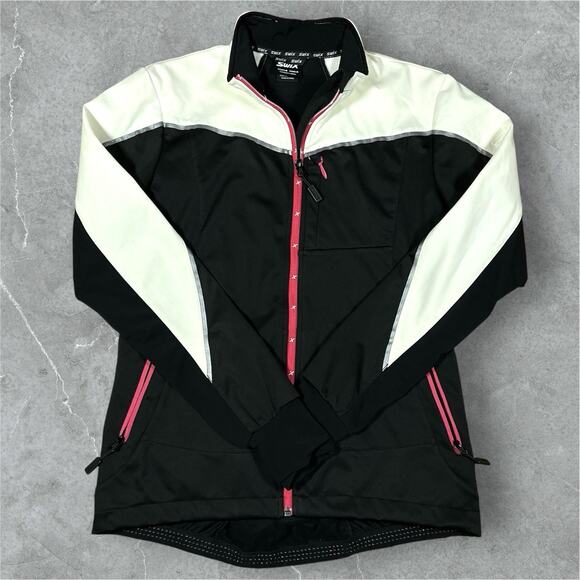 Swix Full Zip Soft Shell Jacket Womens Medium Black White Pink Thumbhole - Picture 1 of 14